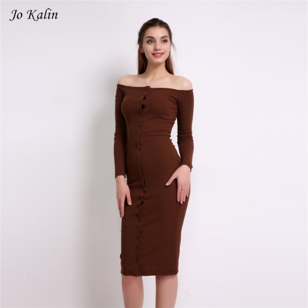 2018 Autumn Dress Women Front Button Sexy Off Shoulder Knee-Length Long Sleeve Knit Bodycon Dresses Slim Vestidos Robe Hiver