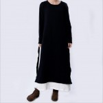 2018 Autumn New Fake Two Piece Women Vintage Long Dress Loose Long Sleeve Round Neck Cotton Black Elegant Dress Robe