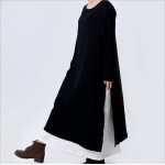 2018 Autumn New Fake Two Piece Women Vintage Long Dress Loose Long Sleeve Round Neck Cotton Black Elegant Dress Robe