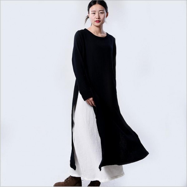 2018 Autumn New Fake Two Piece Women Vintage Long Dress Loose Long Sleeve Round Neck Cotton Black Elegant Dress Robe