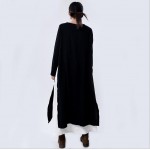 2018 Autumn New Fake Two Piece Women Vintage Long Dress Loose Long Sleeve Round Neck Cotton Black Elegant Dress Robe