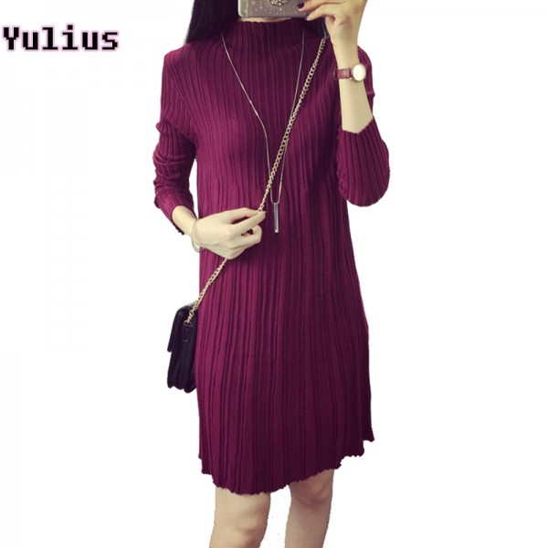2018 Autumn Winter Women Dress Fashion Vertical Striped Knitted Dresses Stand Collar Casual Pleated A-Line Dress