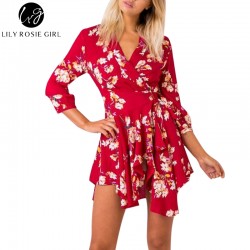 2018 Elegant Long Sleeve Red Floral Print Boho Autumn Dress Cross Over Sashes V Neck Women Dresses Party Club Sexy Vestidos