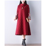 2018 Ethnic Women Maxi Long Dress Turtleneck Black Wine Red Vintage Dress With Long Sleeve Embroidery Autumn Winter Gown Dress  