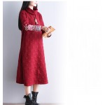 2018 Ethnic Women Maxi Long Dress Turtleneck Black Wine Red Vintage Dress With Long Sleeve Embroidery Autumn Winter Gown Dress  