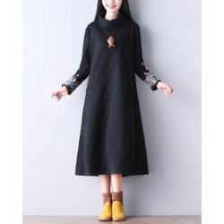 2018 Ethnic Women Maxi Long Dress Turtleneck Black Wine Red Vintage Dress With Long Sleeve Embroidery Autumn Winter Gown Dress  