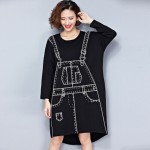 2018 European Style Women Fashion Mini Dress Braces Pattern Black Irregular One Piece T-Shirt Dress Long Sleeve Printed Tunic