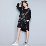 2018 European Style Women Fashion Mini Dress Braces Pattern Black Irregular One Piece T-Shirt Dress Long Sleeve Printed Tunic