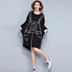 2018 European Style Women Fashion Mini Dress Braces Pattern Black Irregular One Piece T-Shirt Dress Long Sleeve Printed Tunic