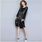 2018 European Style Women Fashion Mini Dress Braces Pattern Black Irregular One Piece T-Shirt Dress Long Sleeve Printed Tunic