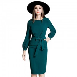 2018 High Quality Womens Bodycon Midi Dresses Summer Green Women Office Dress Elegant Puff Sleeve Dresses robe femme vestidos