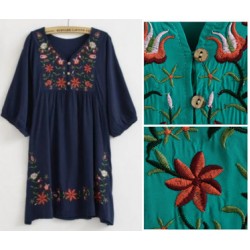 2018 Hot Sale Free Shipping vintage 70s mexican Ethnic Floral EMBROIDERED Hippie Blouse DRESS women clothing vestidos Free Sz