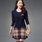 2018 Korean Fashion Autumn Winter Women Sweater Dress Patchwork Plaid O Neck Long Sleeve Elegant Slim Sweaters and Pullovers