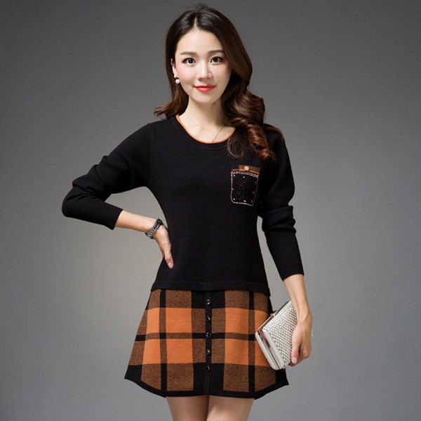 2018 Korean Fashion Autumn Winter Women Sweater Dress Patchwork Plaid O Neck Long Sleeve Elegant Slim Sweaters and Pullovers