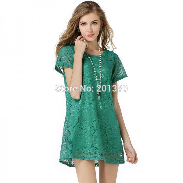 2018 Lace Women Summer Dress maxi Hollow Out dresses Short Sleeve Plus size vestidos 5colors Q426