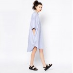 2018 New Autumn Summer Dress Women Blue Solid Color Loose Shirt Dress Casual Half Sleeve Square Collar Elegant Dress Plus Size