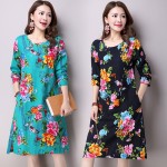 2018 New Autumn women dress loose plus size Vestidos Robe Femininos Fashion Cotton Linen Printing long sleeve long dress