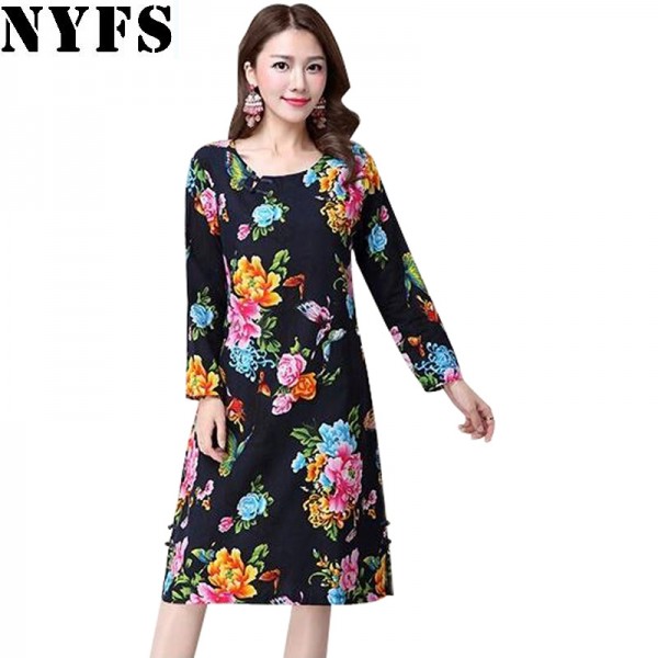 2018 New Autumn women dress loose plus size Vestidos Robe Femininos Fashion Cotton Linen Printing long sleeve long dress