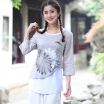 2018 New Chinese Style Women Vintage Blouse Female Cotton Linen Shirt Spring Autumn Print Flower Tops S M L XL XXL XXXL 2613