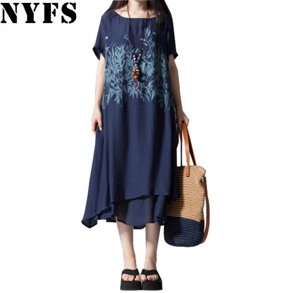 2018 New Summer dress short Sleeve Printing  Cotton Linen Ladies Casual Vintage women dress Female Plus Size Vestidos Robe