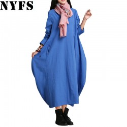2018 Spring Autumn Vintage Cotton Linen Women Dress large size Loose Casual Long Dress Vestidos Robe Dresses(No neckerchief)