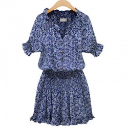 2018 Summer 5XL 4XL 3XL Plus size Women Casual Ruffled V neck Batwing Sleeve Pleated Navy Blue Print Dropped Big size Dresses