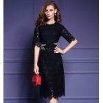 2018 Summer Embroidery Womens Dresses Half Sleeve Dark Green Lace Dress Elegant Ladies Office Business Bodycon mom Party Dresses