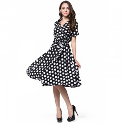 2018 Vintage Classic Summer Wommen Ball Gown Retro Dress V Neck Short Sleeve Patchwork Dot Cardigan-Style Plus Size 6XL 7XL 