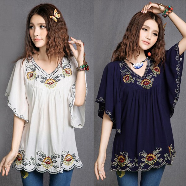 2018 Women Cotton Tops Blouse Tunic Vestidos Vintage Mexican Ethnic Floral Embroidery Mini Dresses Loose Casual Boho Dress