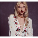 2018 flower embroidery long dress free cotton v-neck long sleeve white boho dress people bandage sexy loose dress bohemian dress