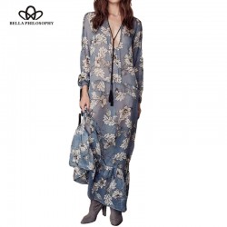 2018 spring summer new women V-neck long sleeve chiffon long dress floral flower print blue pink Khaki real photo