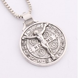 24x21mm Antique Silver Saint Jesu Benedict Nursia Patron Medal Crucifix Cross Religious Pendant Necklaces 24 inches Chains N1658