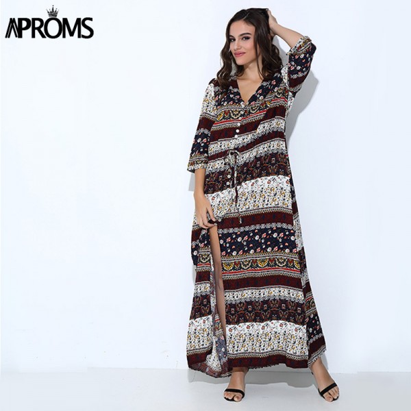 3XL Boho Ethnic Summer Long Maxi Dress Women Sexy V-Neck Sundress Ladies Half Sleeve Loose Beach Dresses Big Size Vestidos