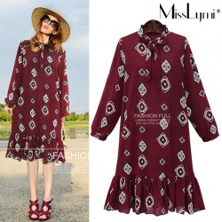 4XL 5XL Plus Size Women Boho Dress 2017 Spring Summer Fashion Bow Collar Print Long Sleeve Loose Cadual Chiffon Ruffles Dresses