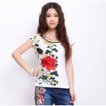 5 Colors Plus size M-5XL 4XL Women Tshirt short sleeve O-neck floral embroidery cotton T-shirt  female ethnic summer tee tops