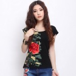 5 Colors Plus size M-5XL 4XL Women Tshirt short sleeve O-neck floral embroidery cotton T-shirt  female ethnic summer tee tops