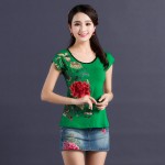 5 Colors Plus size M-5XL 4XL Women Tshirt short sleeve O-neck floral embroidery cotton T-shirt  female ethnic summer tee tops