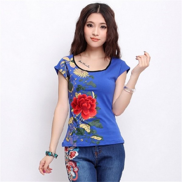 5 Colors Plus size M-5XL 4XL Women Tshirt short sleeve O-neck floral embroidery cotton T-shirt  female ethnic summer tee tops