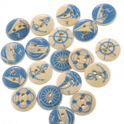 50PCs Wholesale Natural Wooden Round Buttons Blue Nautical Design Scrapbooking Sewing Accessories DIY Craft 2 Holes 15mm Dia.
