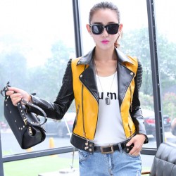 6 sizes PU women leather motorcycle jacket patchwork color spring autumn zippr design women leather jacket coat plus size S-3XL