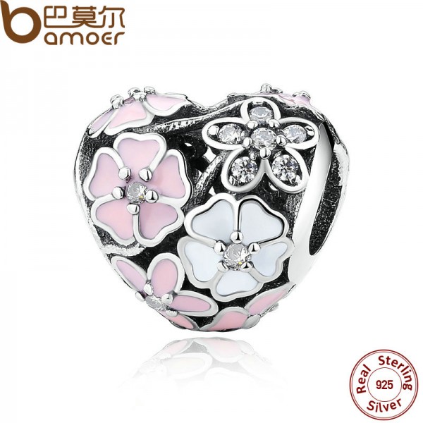 925 Silver Jewelry Poetic Blooms, Mixed Enamels & Clear CZ Heart Charms Fit BME Bracelet Accessories for Women PAS283