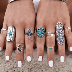 9PCS Vintage Bohemian Beach Women Ring Set Ethnic Style Antique Silver Midi Finger Boho Ring Charm Anelli