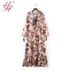 A16 2017 spring HG bohemian dress women flower printed long dress females straps on neck ruffles dress femme 