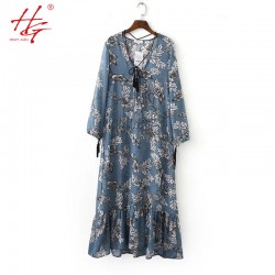 A16 2017 spring HG bohemian dress women flower printed long dress females straps on neck ruffles dress femme 