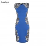 AAMIKAST Summer Dress Classical Noble O-neck Sleeveless Knee-length Stretch Slim Pencil Party Women Print Dresses  Plus Size