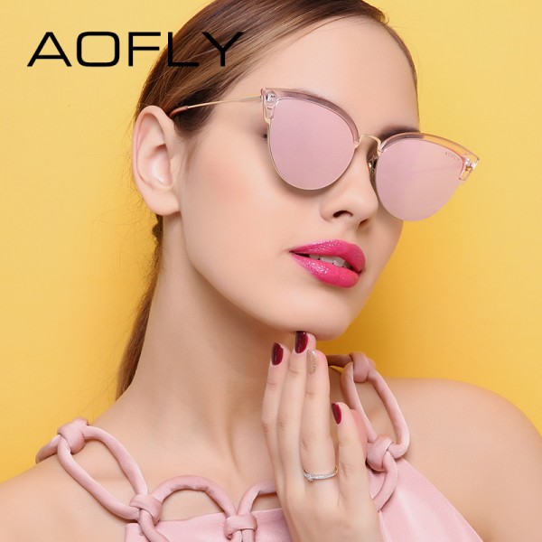 AOFLY Cat Eye Women Sunglasses Original Brand Design Reflective Coating Mirror Sunglasses Vintage  Sun Glasses With Case AF7965