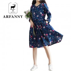 ARFANNY  dresses  spring new women. Forest art leaves floral loose Loose cotton dress summer Small flower belt clothing dresss