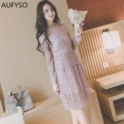 AUFYSO Lace Dress 2018 Spring Korean Vintage Elastic Waist Long Sleeve Pleated Midi Dress Pink Black White vestido festa D126