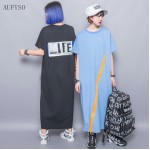 AUFYSO Women Dress Summer 2017 Novelty Harajuku Zipper Letter Patchwork Casual Long Dresses Black T Shirt Dress D132