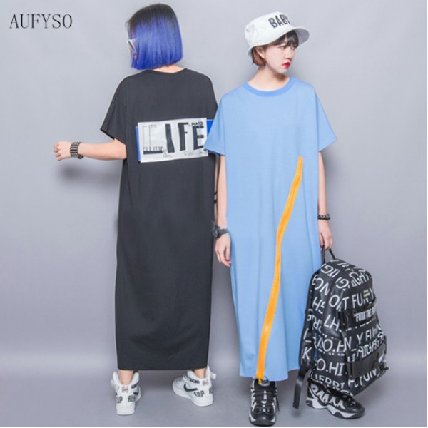 AUFYSO Women Dress Summer 2017 Novelty Harajuku Zipper Letter Patchwork Casual Long Dresses Black T Shirt Dress D132